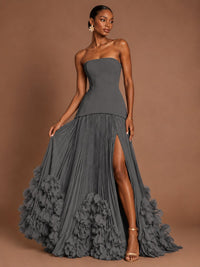 Strapless Pleated Floral Satin Formal Dress with Side Slit