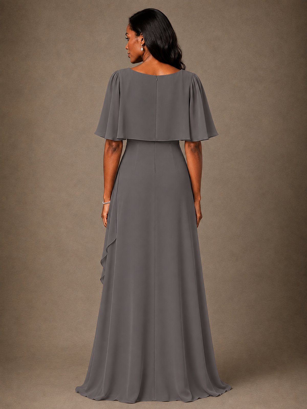 Taupe Chiffon A-Line Mother of the Bride Dress with Cape Sleeves