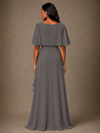 Taupe Chiffon A-Line Mother of the Bride Dress with Cape Sleeves