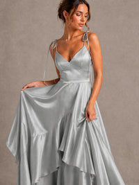 Lavender Satin V-Neck Ruffle Maxi Dress