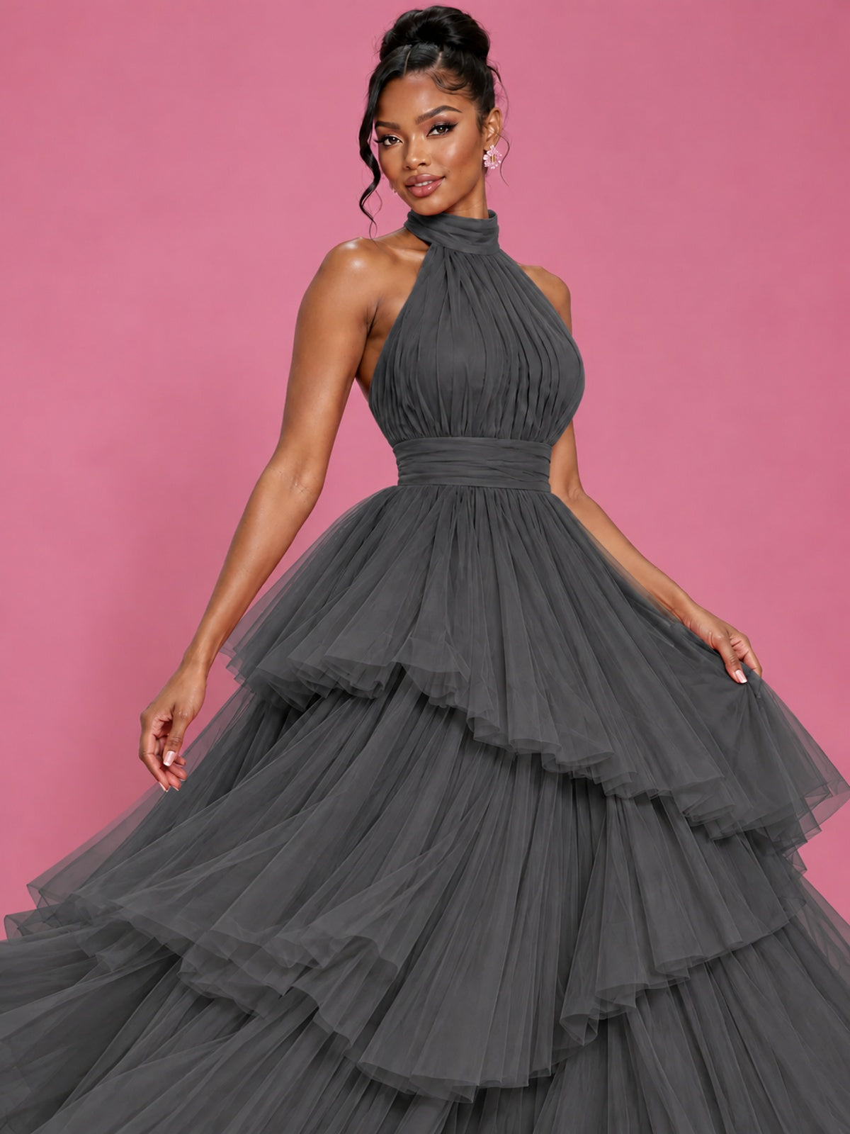Hot Pink Tulle Halter Neck Tiered Ruffle Maxi Dress
