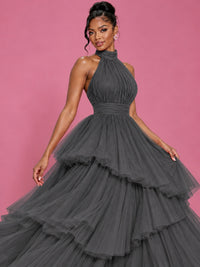 Hot Pink Tulle Halter Neck Tiered Ruffle Maxi Dress
