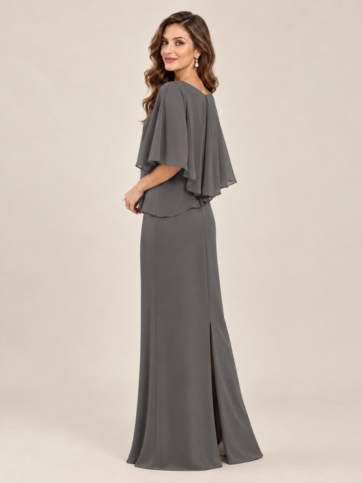 Cape Sleeve Mother of the Bride Dress with Asymmetrical Overlay