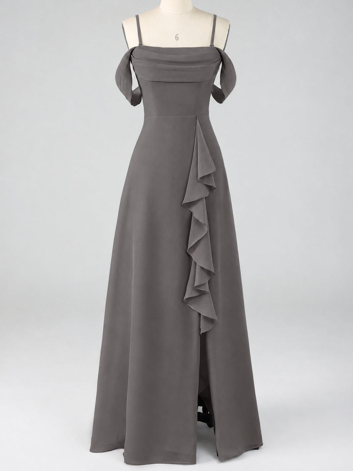 Spaghetti Strap Chiffon Bridesmaid Dress with Ruffles Slit