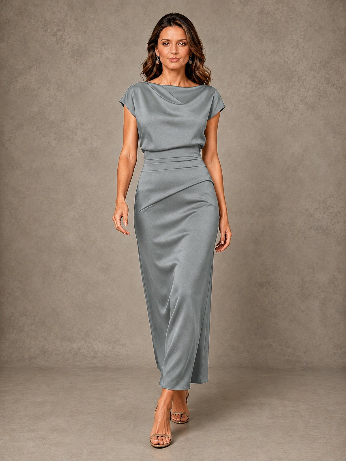 Cowl Neck Satin Mother of the Bride Dress with Ruched Waist