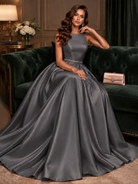 Satin A-Line Prom Dress Sleeveless Beaded Waist Formal Gown with Pockets