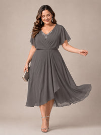 Navy Blue A-Line V-Neck Tea-Length Mother of the Bride Dress