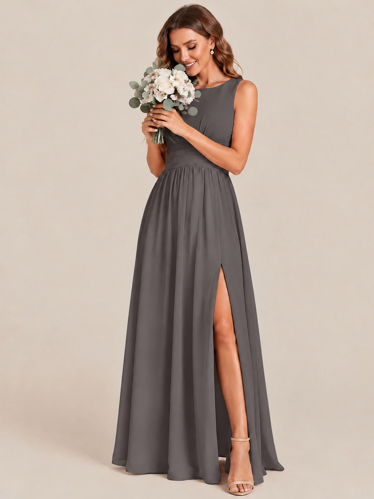 A-line Sleeveless Rucehd Chiffon Bridesmaid Dress with High Slit