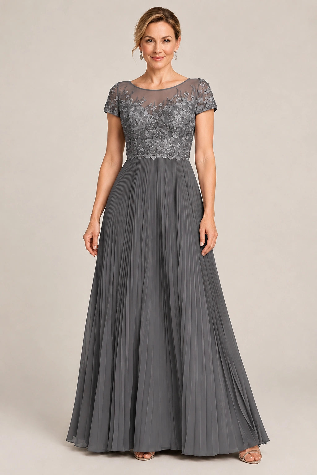 Embroidered Lace Pleated Mother of the Bride Dress