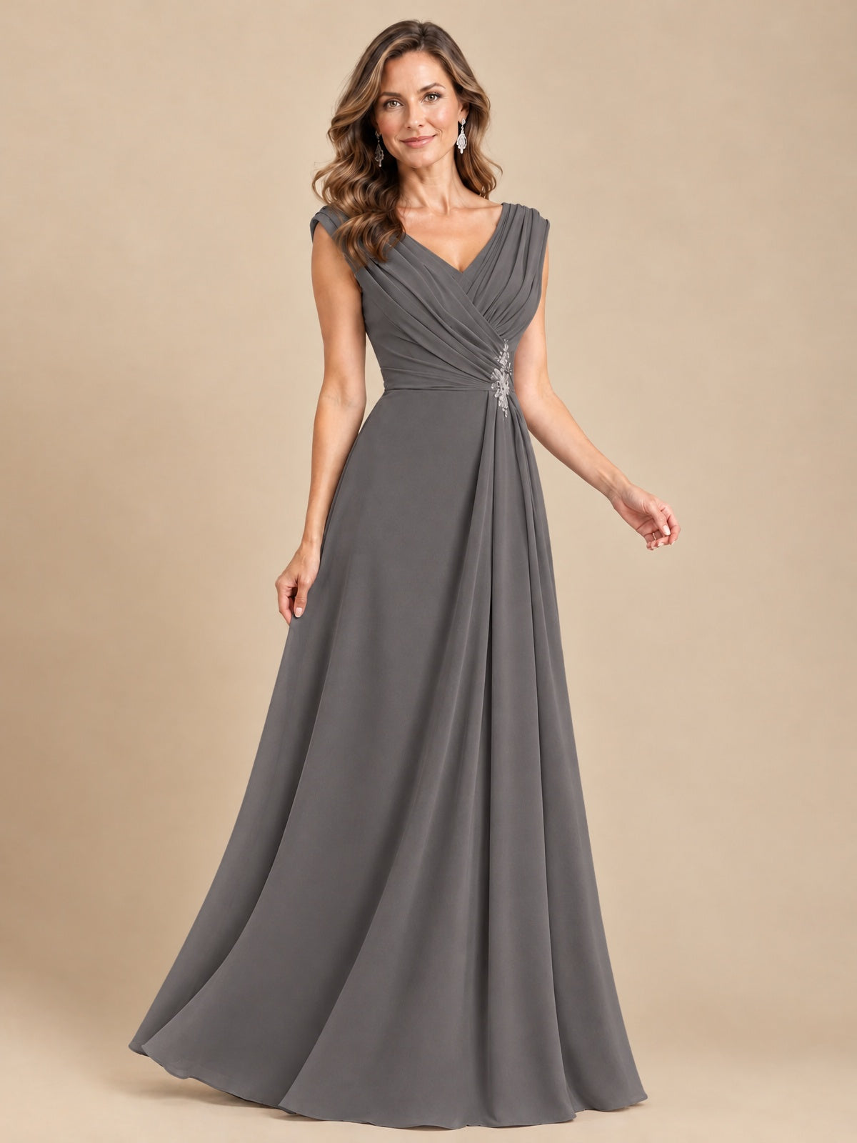 V Neck Pleated Mother of The Bride Dresses with Beading Cap Sleeves