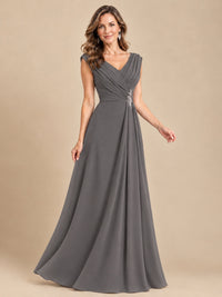 V Neck Pleated Mother of The Bride Dresses with Beading Cap Sleeves