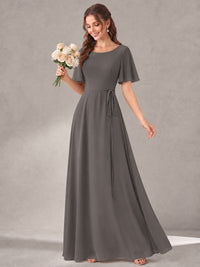 Scoop Neck A-line Chiffon Bridesmaid Dress with Flutter Sleeve & Belt