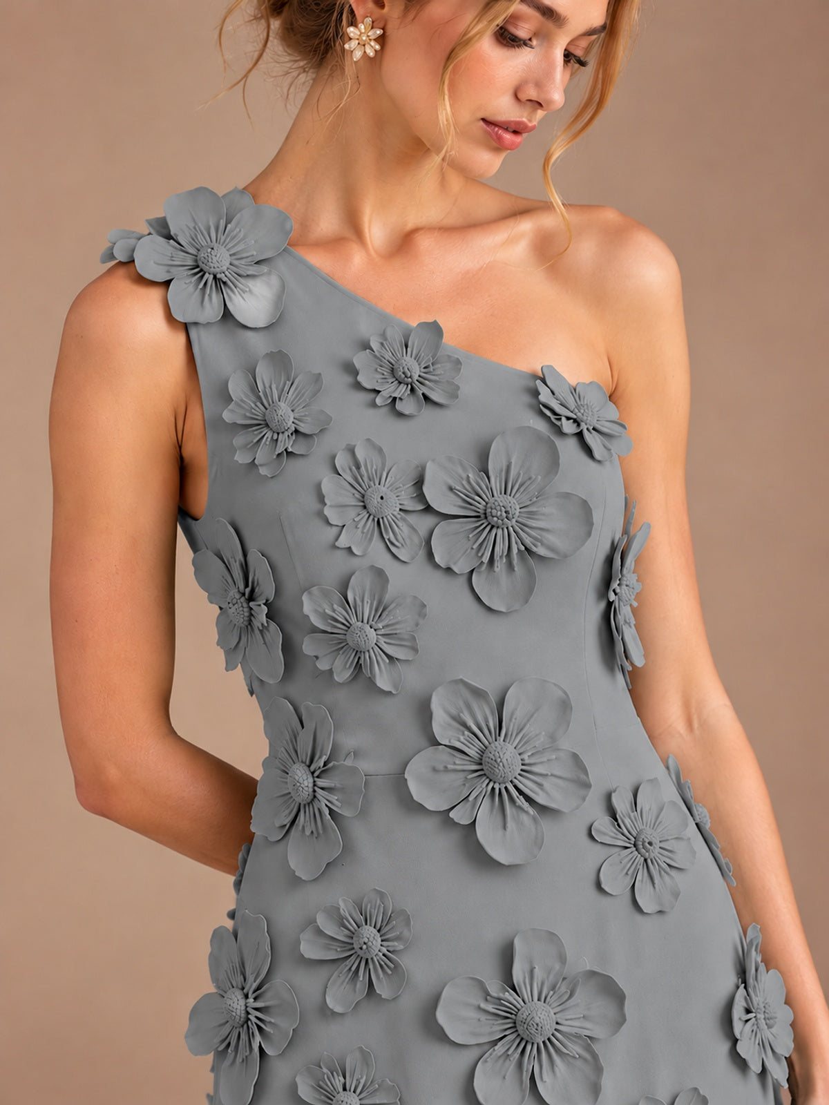 Sage Green One Shoulder Satin Formal Maxi Dress with 3D Floral