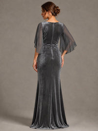 Navy Blue Velvet V Neck Mermaid Formal Dress with Flutter Cape Sleeves