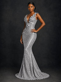 Gold Sequin Floral Applique Mermaid Prom Dress