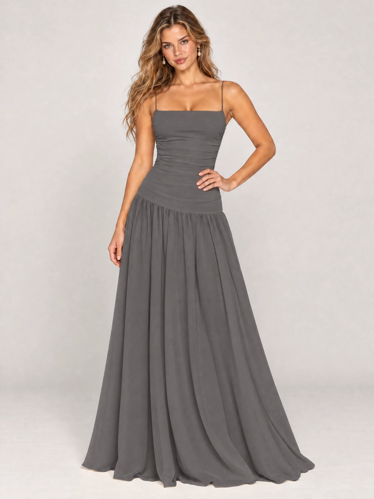 Butter Yellow Ruched Spaghetti Strap Drop-Waist Prom Dress