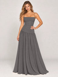 Butter Yellow Ruched Spaghetti Strap Drop-Waist Prom Dress