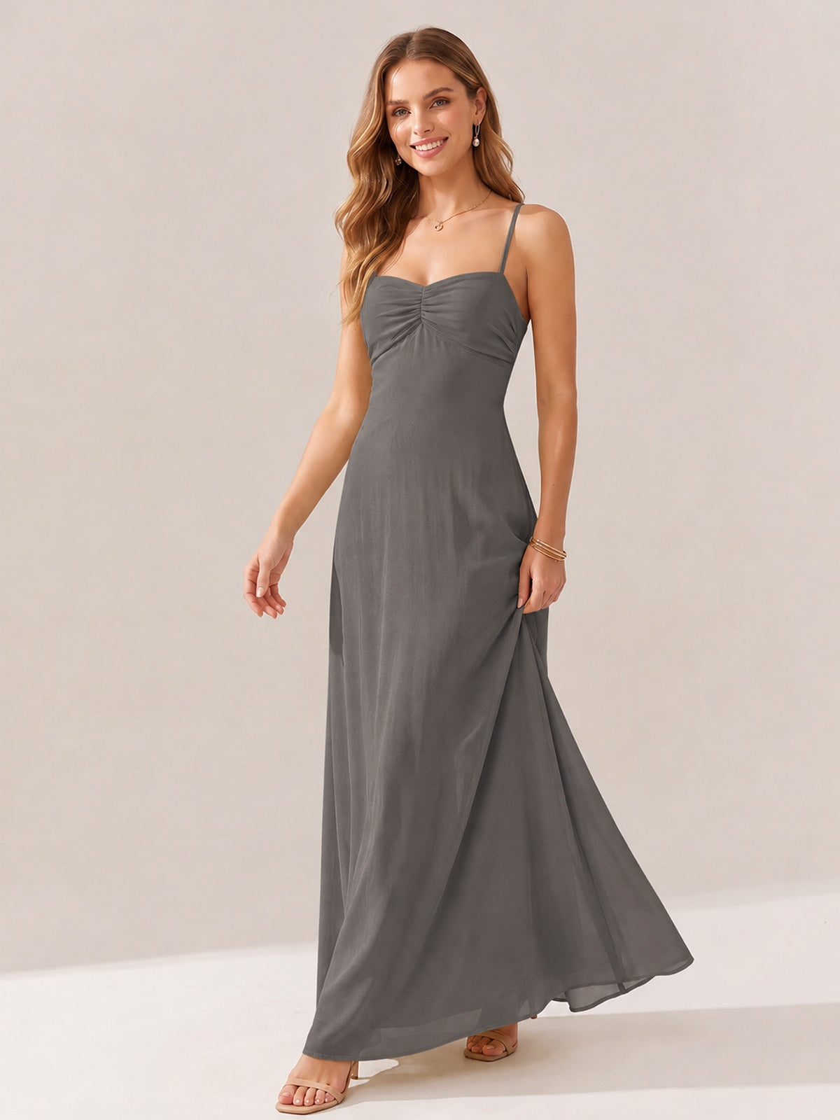 JOVELLEE Yellow Sweetheart Ruched Bust Chiffon Maxi Dress