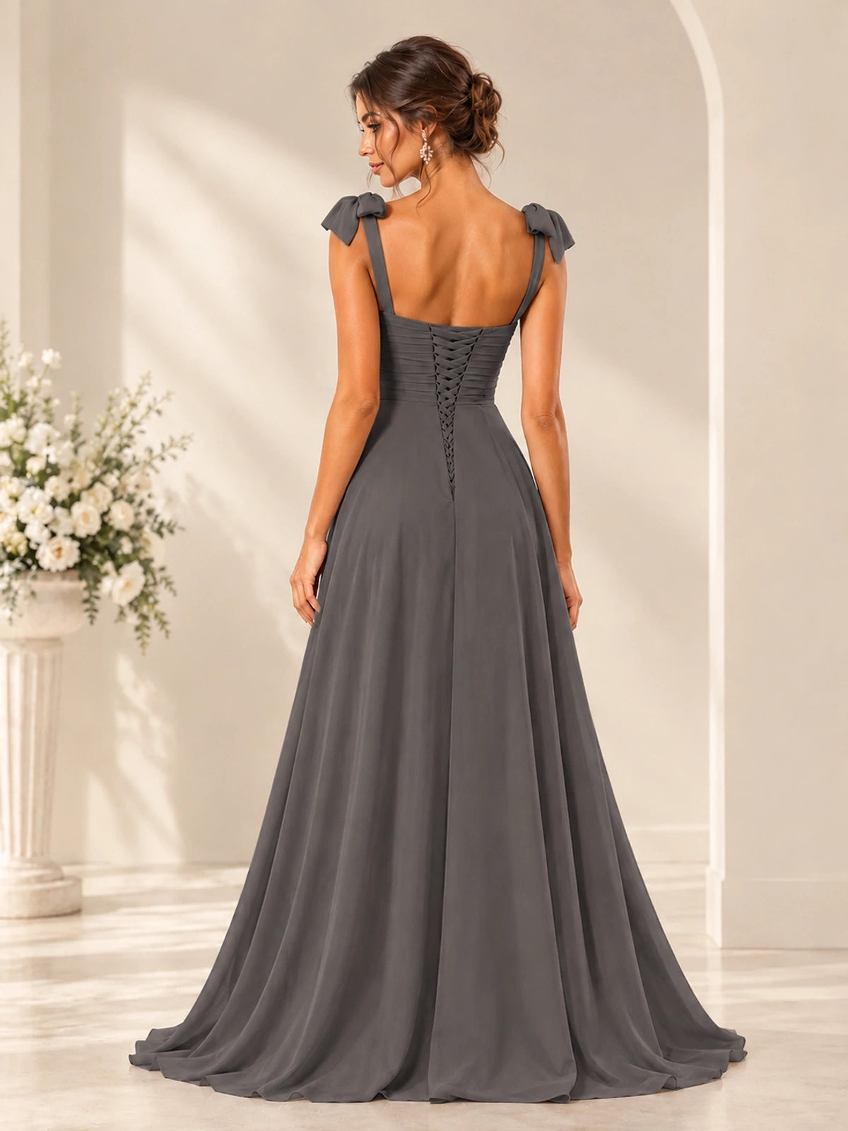 Ruffle Slit Chiffon A Line Scoop Neck Bridesmaid Dresses with Pockets