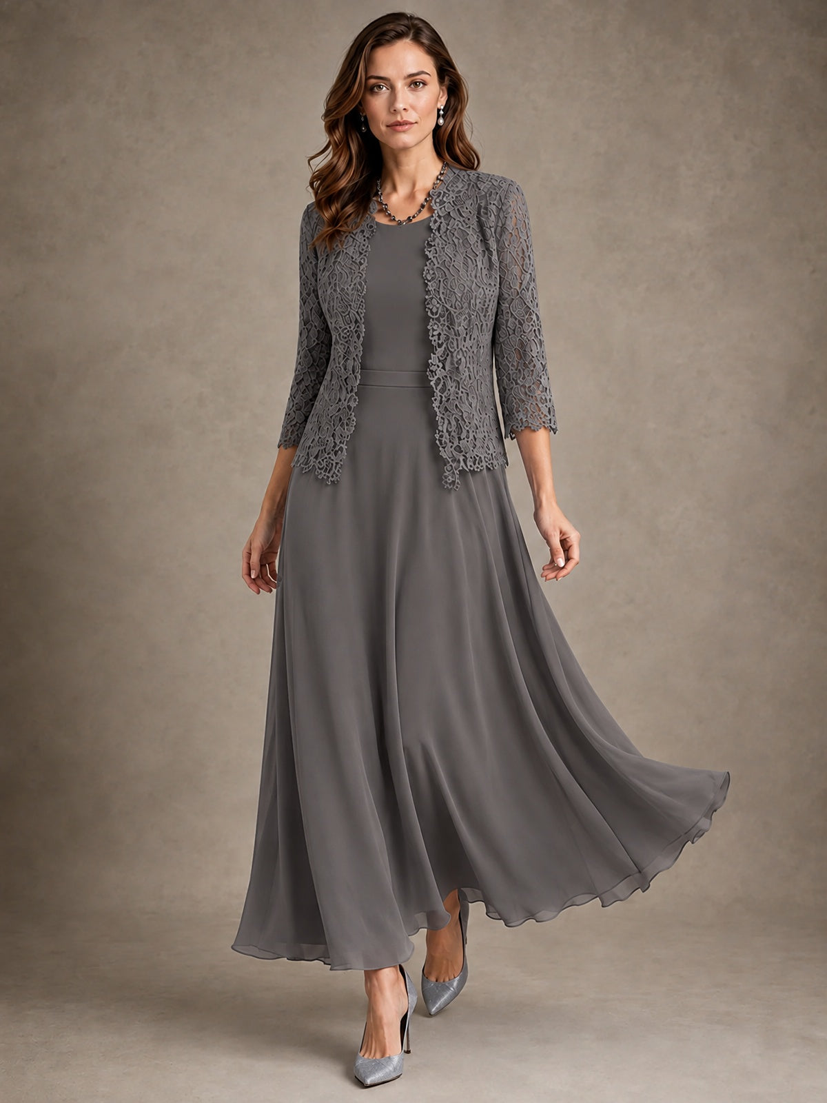 2-Piece Chiffon Mother of the Bride Dress with Lace Jacket