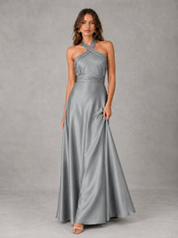 Sage Green Satin A-Line Bridesmaid Dress with Halter Neck