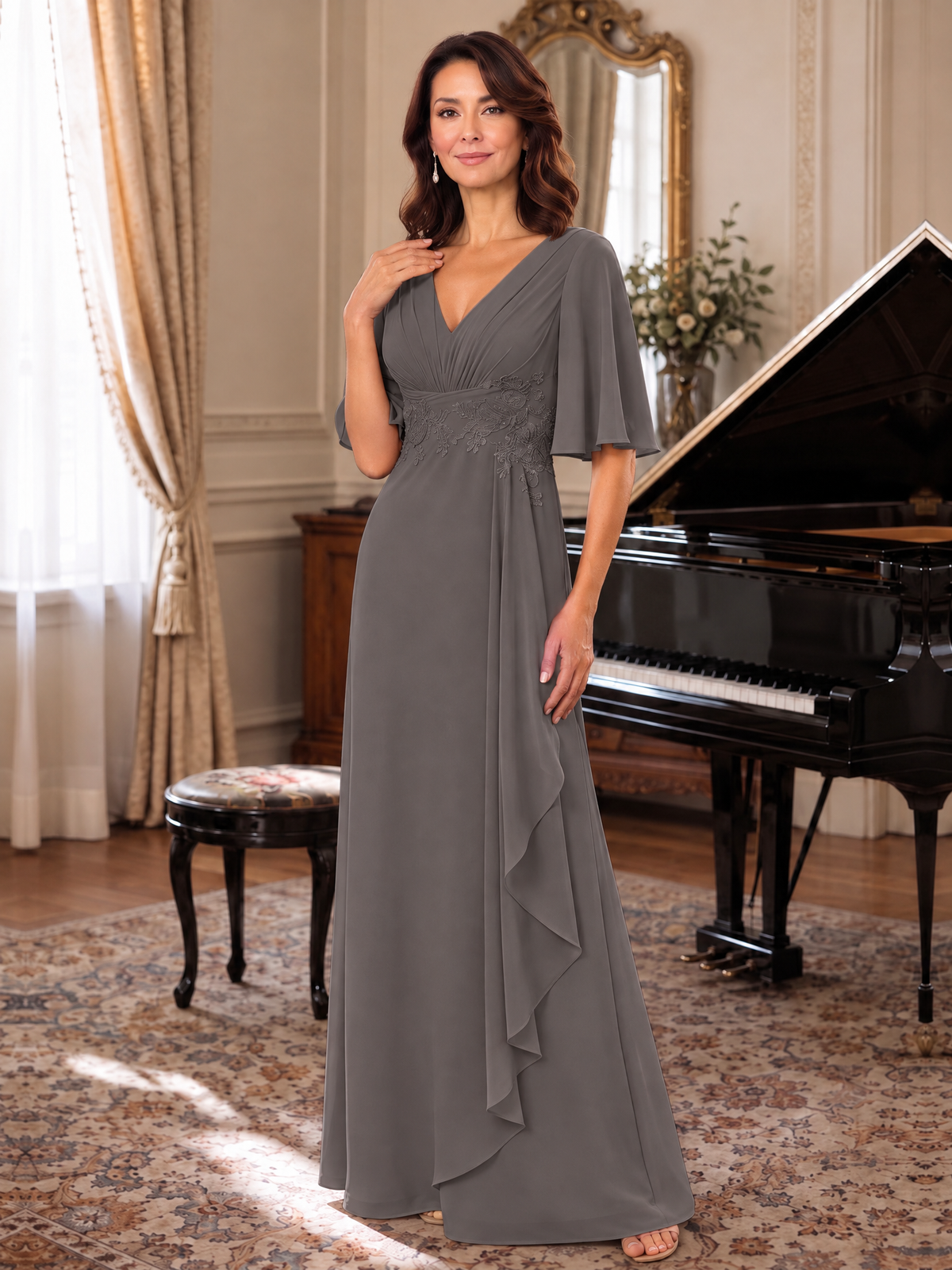 V-Neck Chiffon Lace Mother of the Bride Dresses