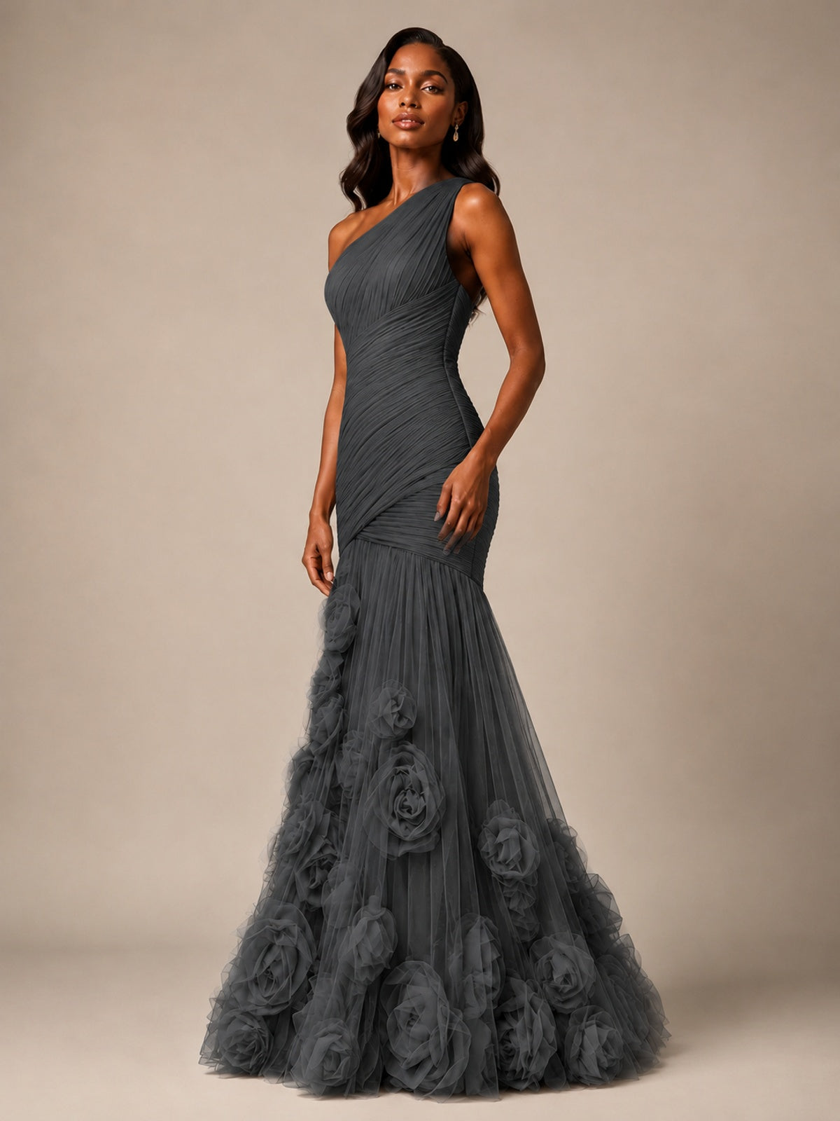 Blush Pink One Shoulder 3D Floral Mermaid Prom Dress