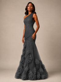 Blush Pink One Shoulder 3D Floral Mermaid Prom Dress