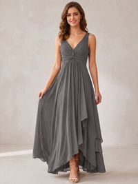 V-Neck High-Low Chiffon Bridesmaid Dress with Ruffles