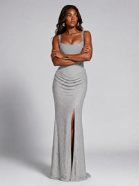 Sequin Corset Mermaid Prom Dress with Square Neck Wide Strap High Slit