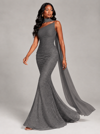 Pleated Chiffon Lace Prom Dresses Long Bodycon Mermaid with Scarf