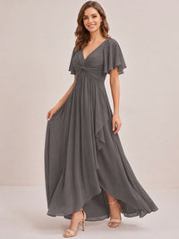 Dusty Blue Chiffon Bridesmaid Dress with Flutter Sleeves & High-Low Hem