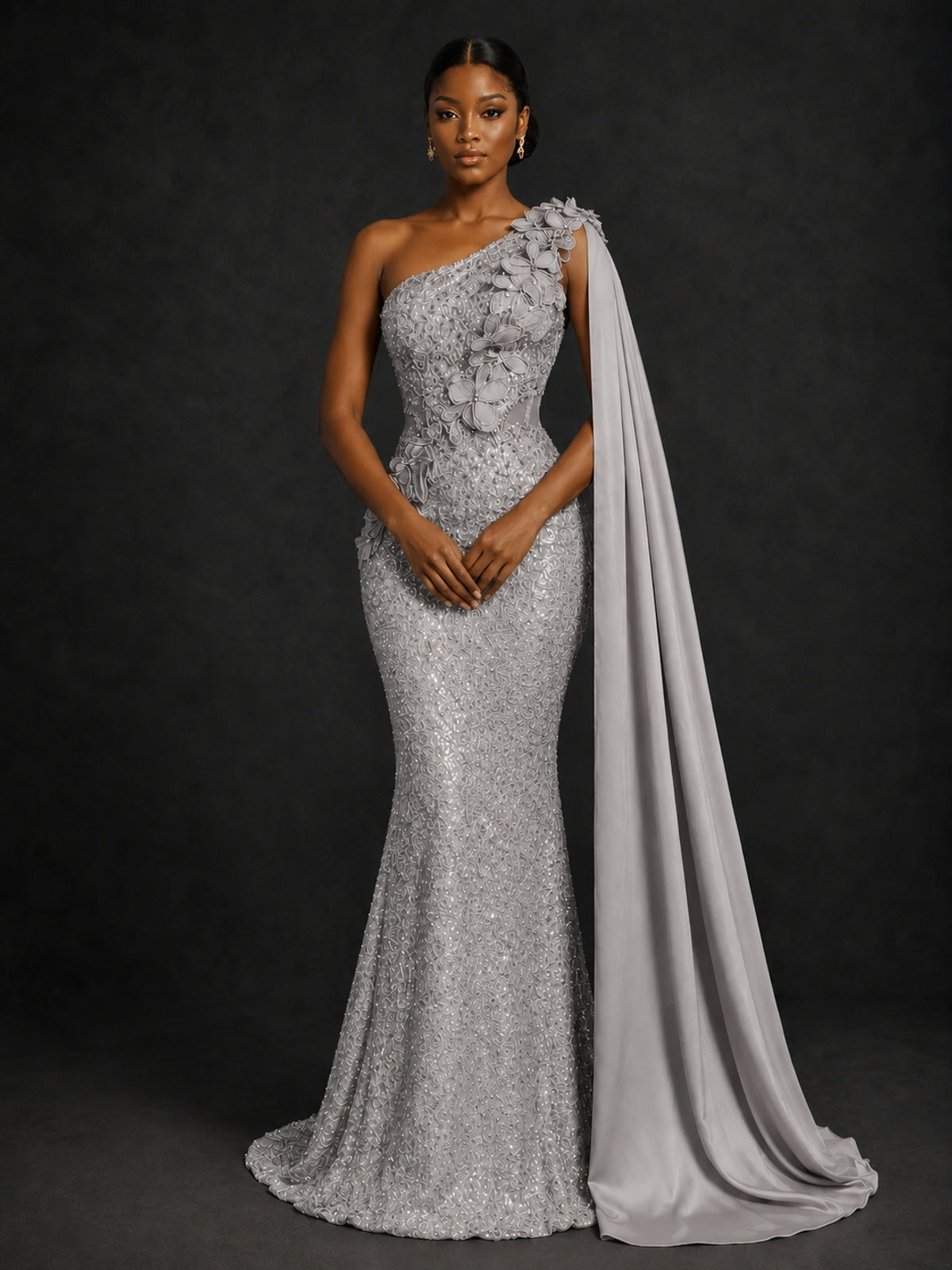 Gold Sequin One Shoulder Mermaid Prom Dress with Cape