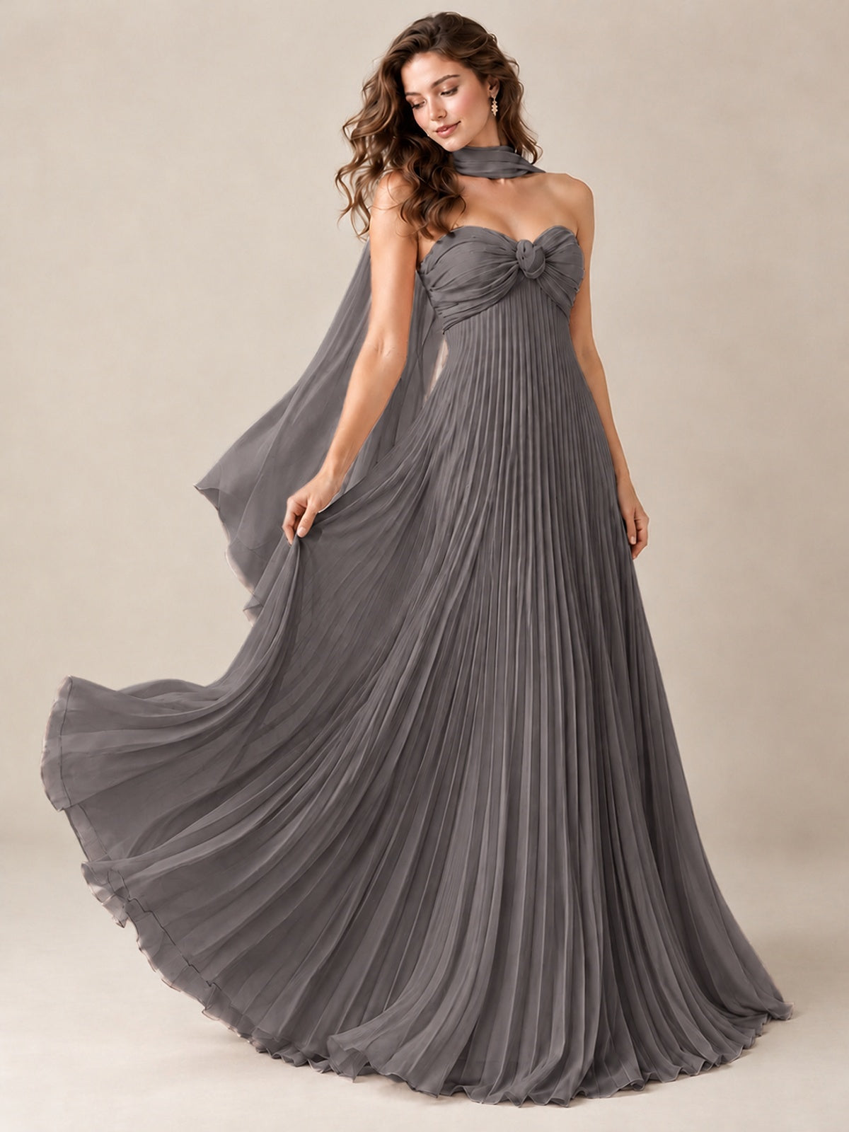 Sweetheart Neckline Pleated Prom Dress Strapless A-line Formal Dress with Flowy Scarf