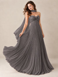 Sweetheart Neckline Pleated Prom Dress Strapless A-line Formal Dress with Flowy Scarf