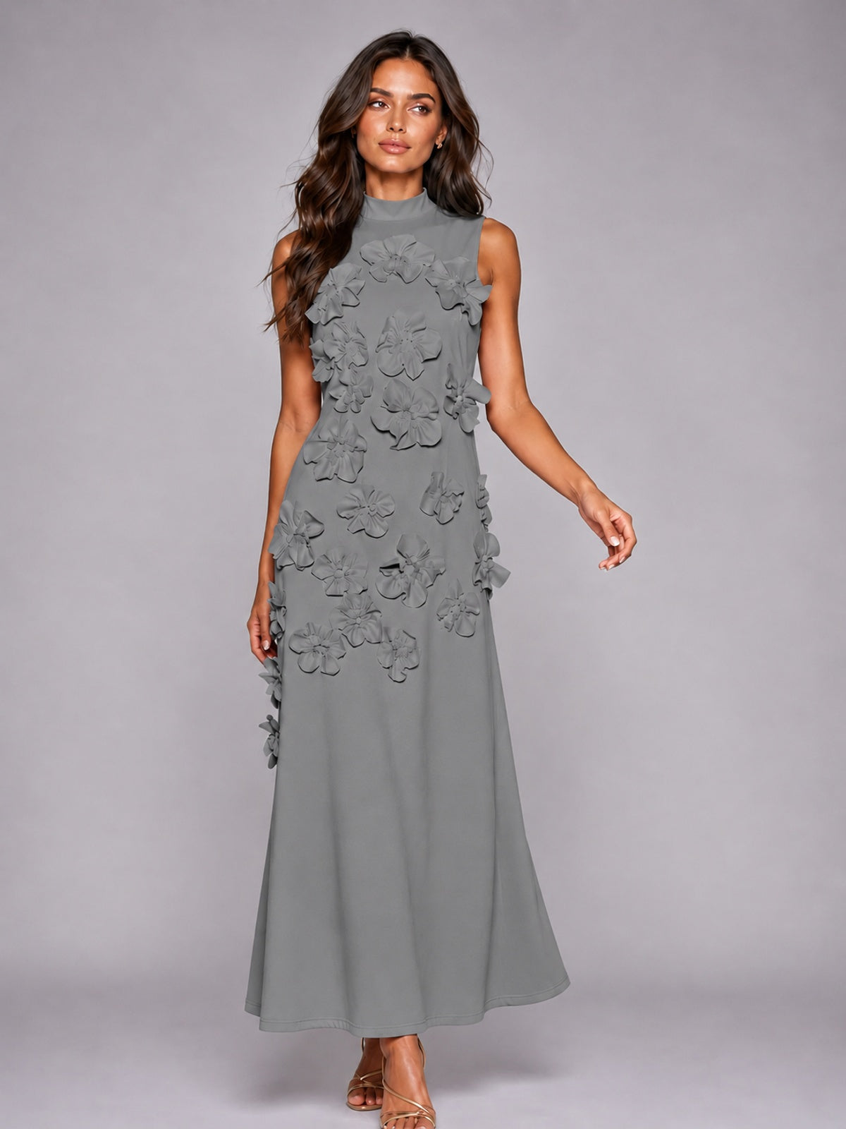 3D Floral Applique High Neck Prom Maxi Dress