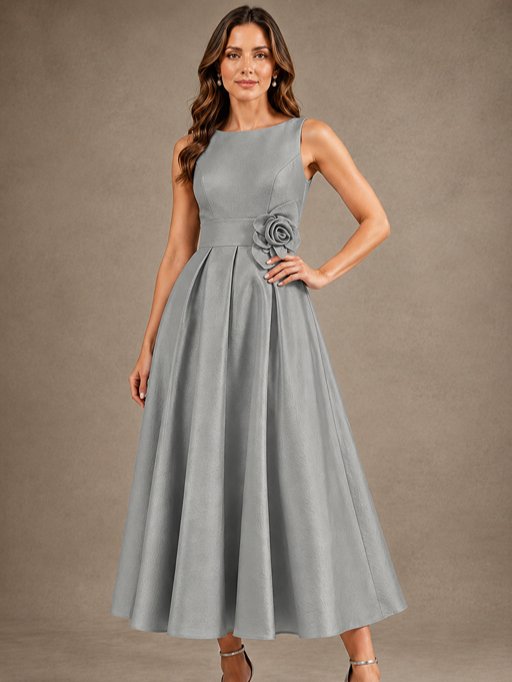 Tea-Length Satin Mother of the Bride Dress with 3D Flower Detail