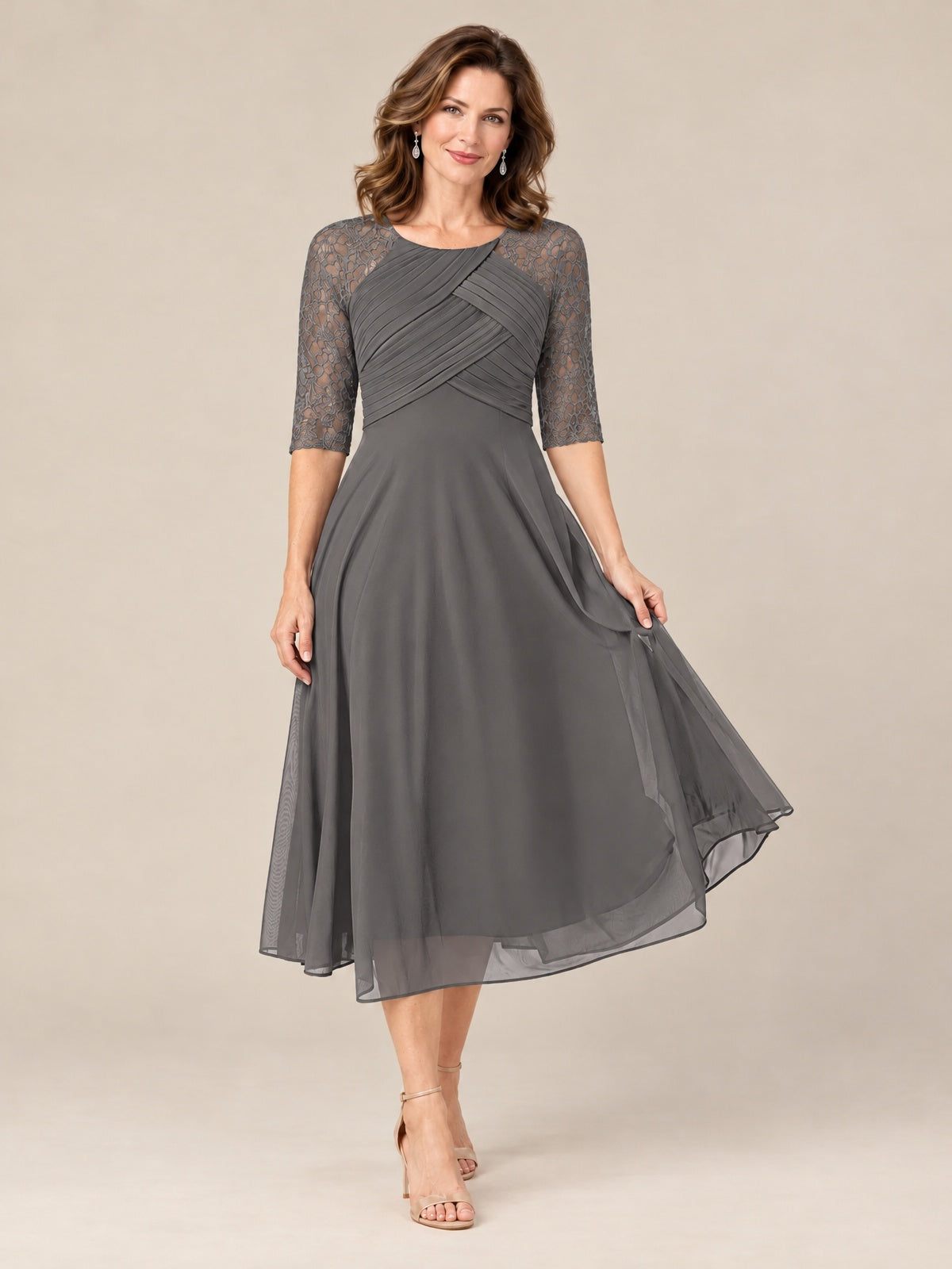 Tea-Length Mother of the Bride Dress with Lace 3/4 Sleeves