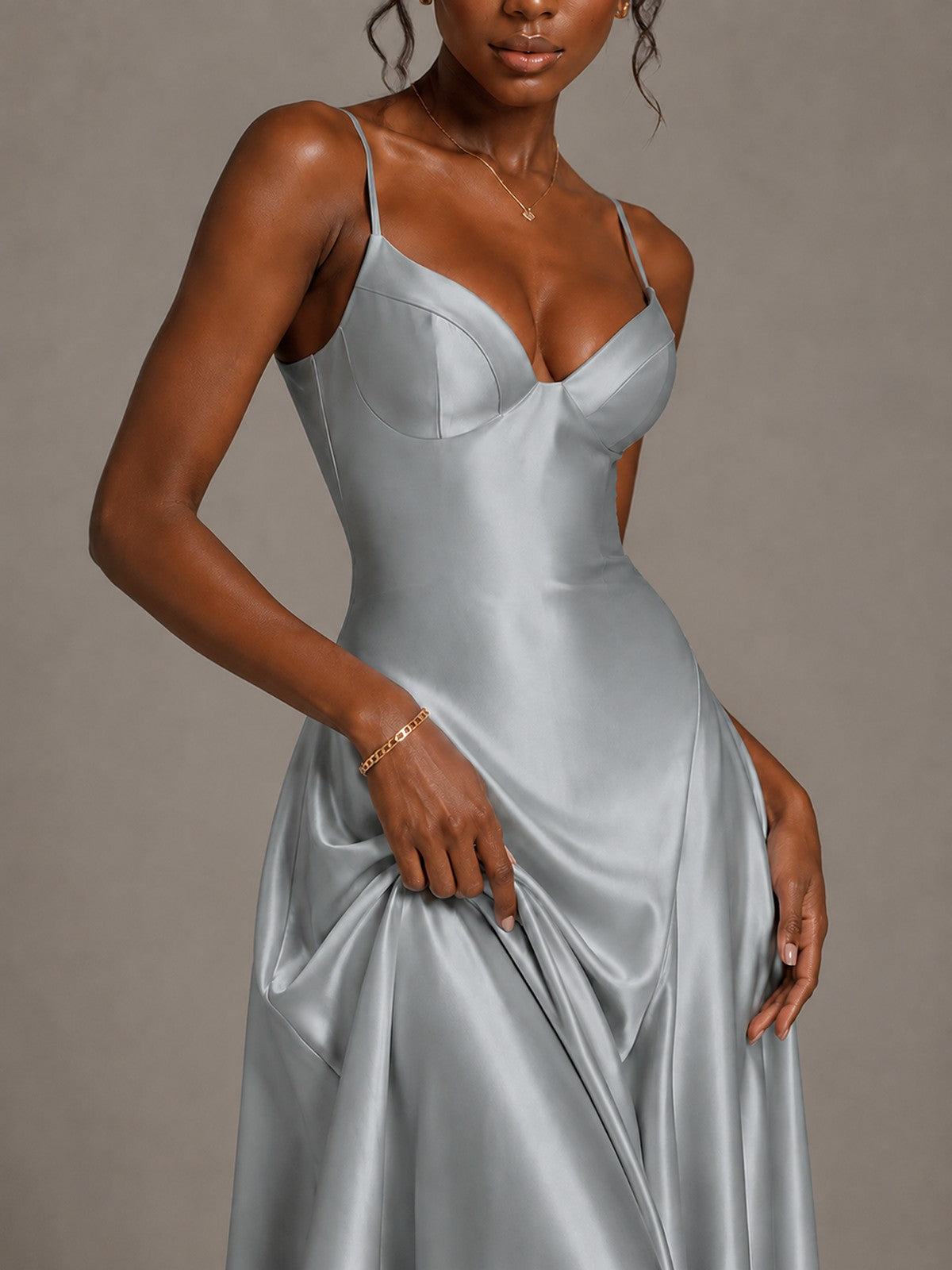 Lavender V Neck Satin Prom Dress with Spaghetti Straps