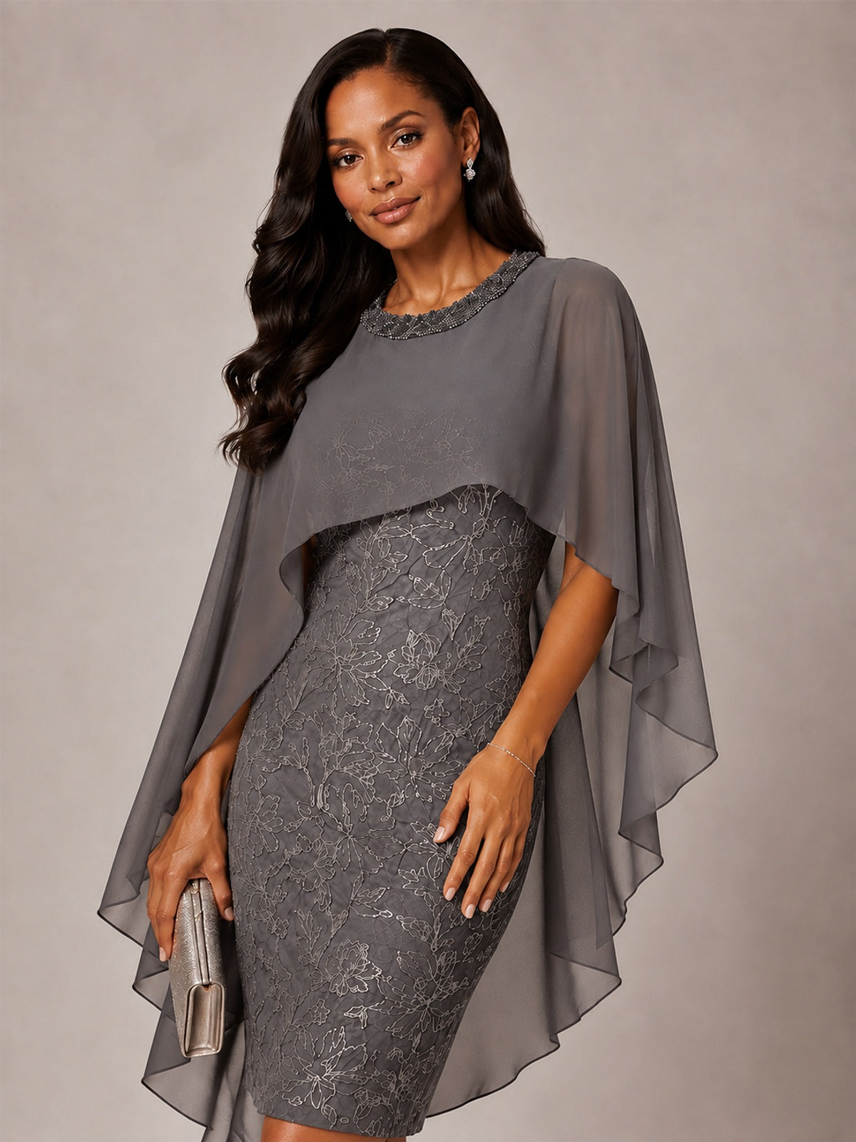 Floral Sheath Mother of the Bride Dress with Cape Overlay
