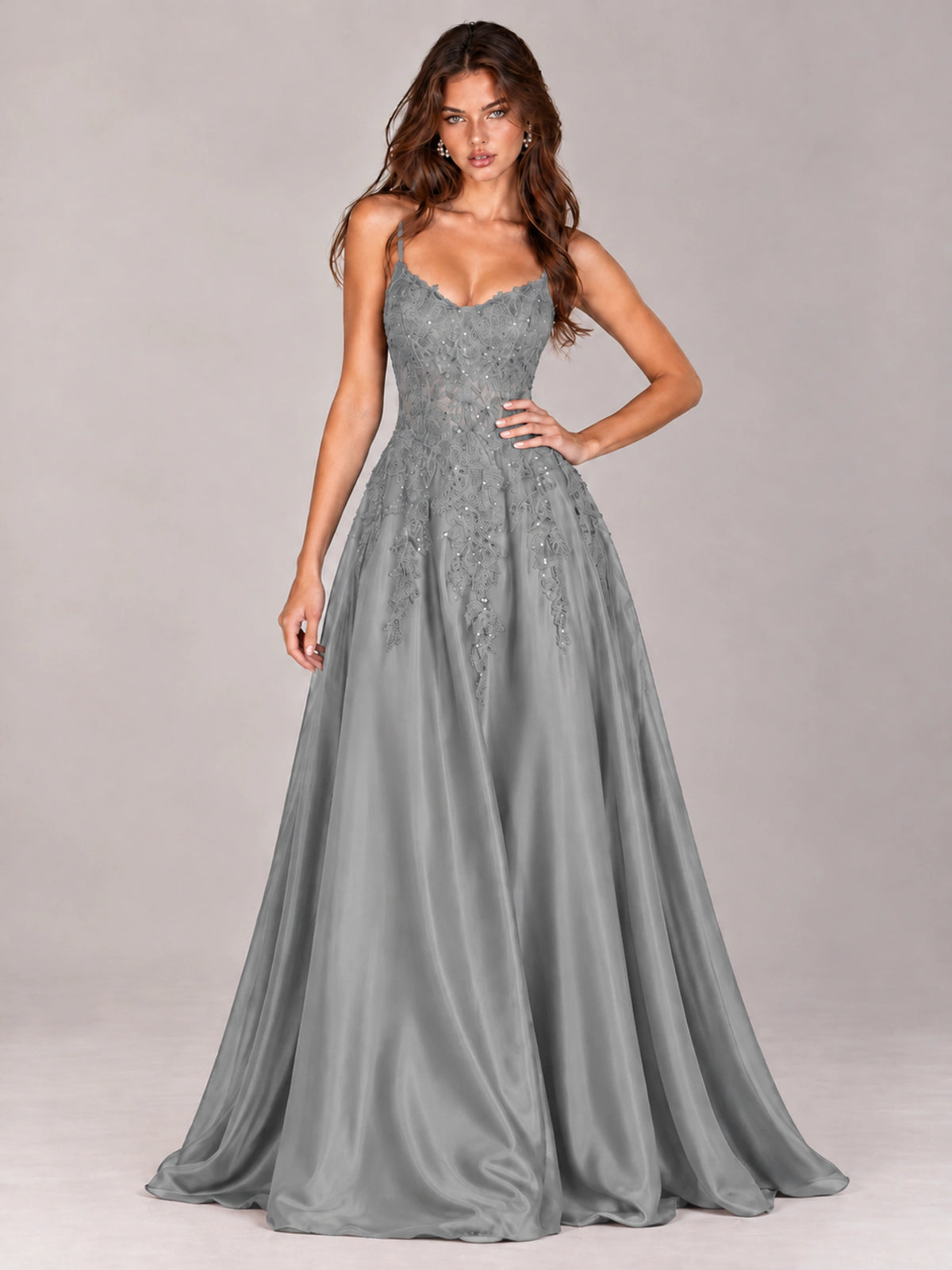 Lace Applique Satin A-Line Prom Dress with Sheer Bodice