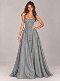 Lace Applique Satin A-Line Prom Dress with Sheer Bodice
