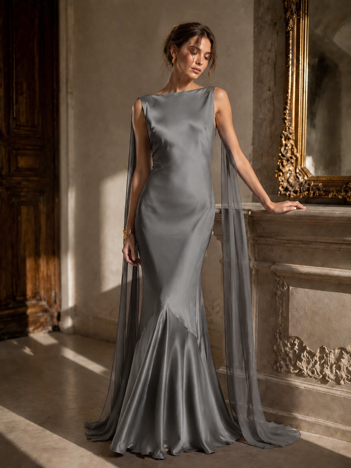 Burgundy Satin Mermaid Cape Maxi Dress