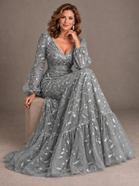 Floral Sequin Embroidered A-Line Mother of the Bride Dress with Long Sleeves