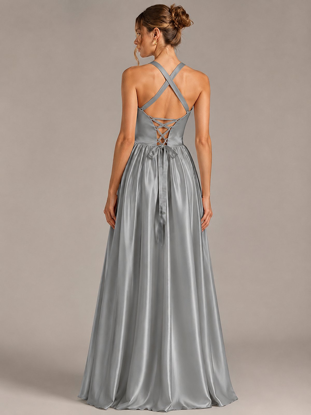 Light Yellow Halter Neck Satin A-Line Maxi Dress with Pockets