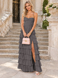 Ruffled Tiered Chiffon Prom Dress Spaghetti Straps Formal Maxi Dress with Slit