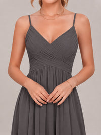 V-Neck Pleated Chiffon Long Bridesmaid Dress with Slit