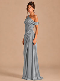 Satin One Shoulder Prom Dress Ruched Long Formal Evening Gown