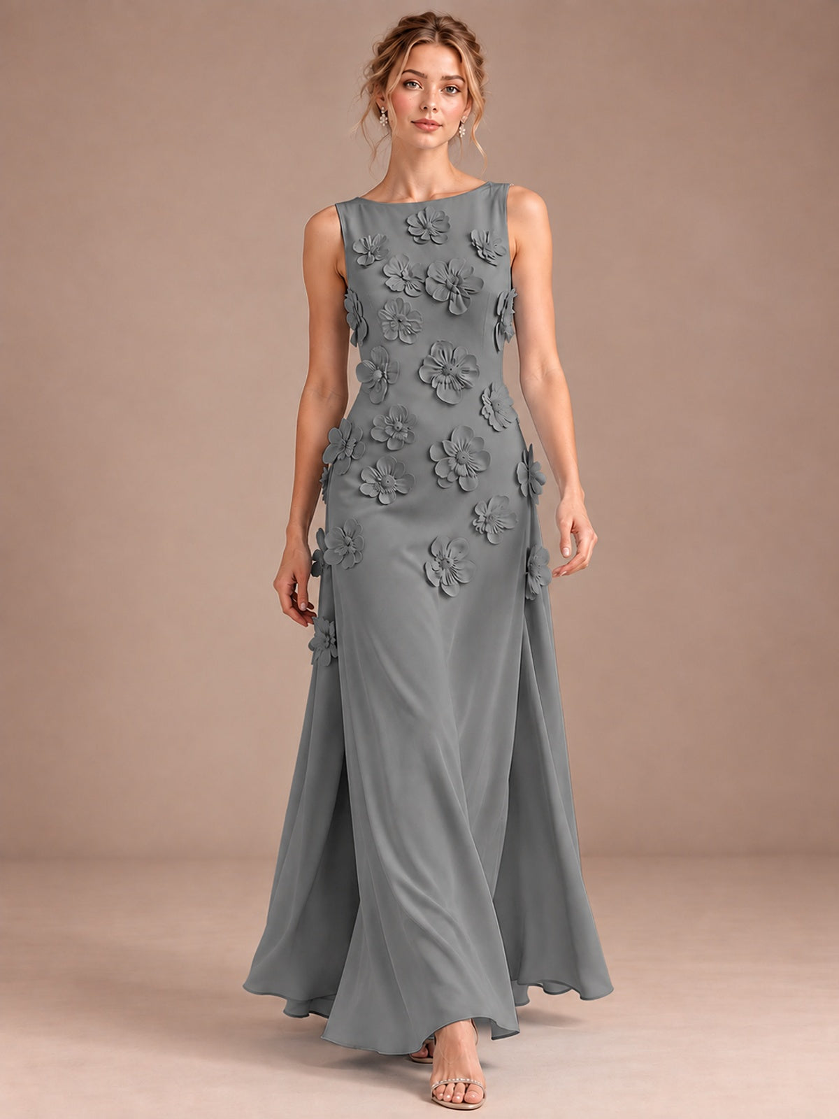3D Floral Applique Sleeveless Formal Maxi Dress
