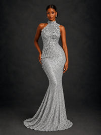 Sparkly Sequin High Neck Mermaid Prom Dress